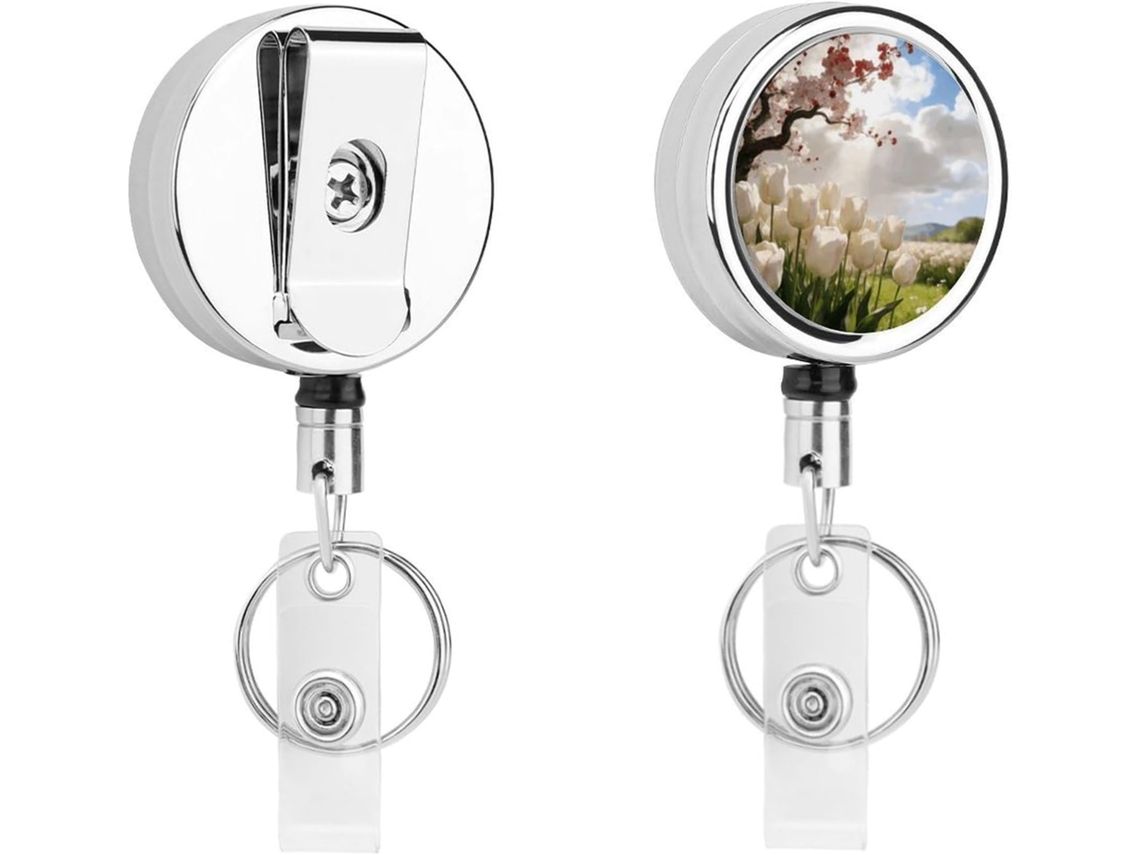 Porta Crachá Retrátil De Metal Bege E Vermelho Com Clipe, Portátil, Em Nylon, Com Cordão De Aço Inoxidável E Chaveiro De