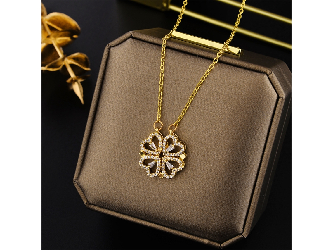 Colar Pendente Ouro Trevo De Quatro Folhas Zirconia Cúbica Comprimento Ajustável 406 Cm Dobrável*