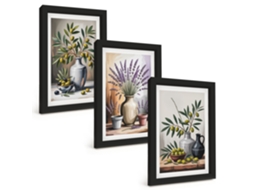 Composição De Quadros Flores, Azeitonas Em Vasos, Fundo Espelharte (3 Peças 20x30 Cm)