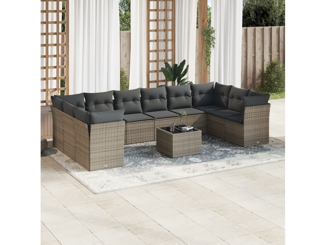 Vidaxl 11 Pcs Conjunto Sofás De Jardim C/ Almofadões Vime Pe Cinzento