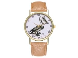 Relógio feminino Zhoulianfa de quartzo com pulseira de couro PU e mostrador redondo bege com estampa de pássaros.