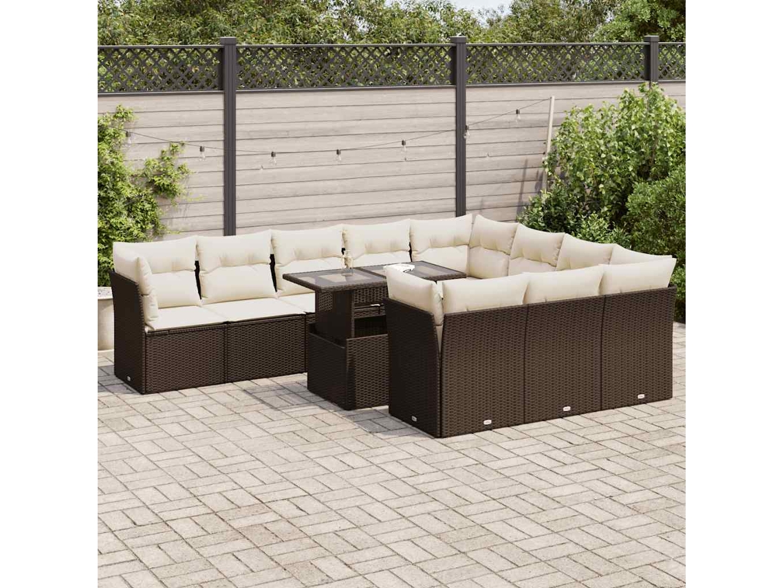 Vidaxl 11 Pcs Conjunto Sofás De Jardim C/ Almofadões Vime Pe Castanho