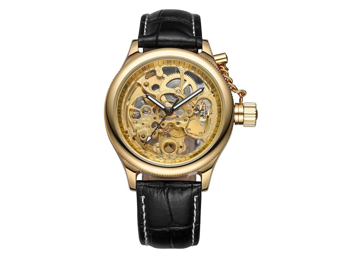 Relógio masculino automático mecânico elegante com pulseira de couro PU (dourado + preto dourado)