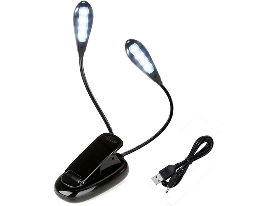 Luminária De Leitura Com Clipe E Duas Cabeças, 8 Leds, 2 Modos De Brilho Ajustáveis, Clipe Giratório 360°, Haste