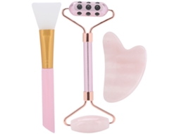 Conjunto de beleza com rolo de massagem facial rosa e placa Gua Sha