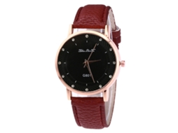 Relógio de quartzo com pulseira de couro PU, mostrador redondo, decoração com strass, unissex (marrom escuro)
