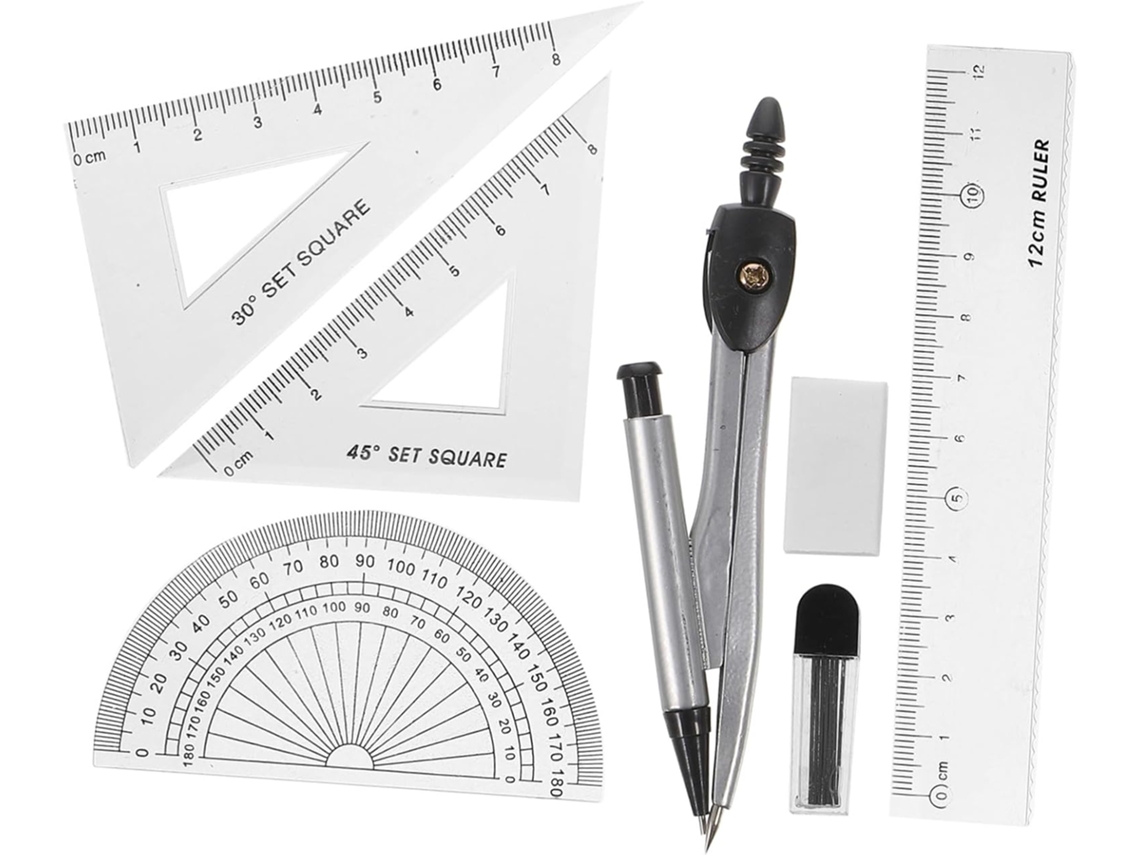 Conjunto de compasso e régua de metal para desenho geométrico com transferência por imersão, design ergonômico para estudantes.