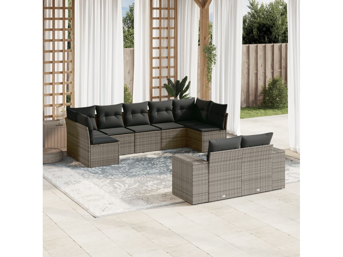 Vidaxl 9 Pcs Conjunto Sofás P/ Jardim Com Almofadões Vime Pe Cinzento