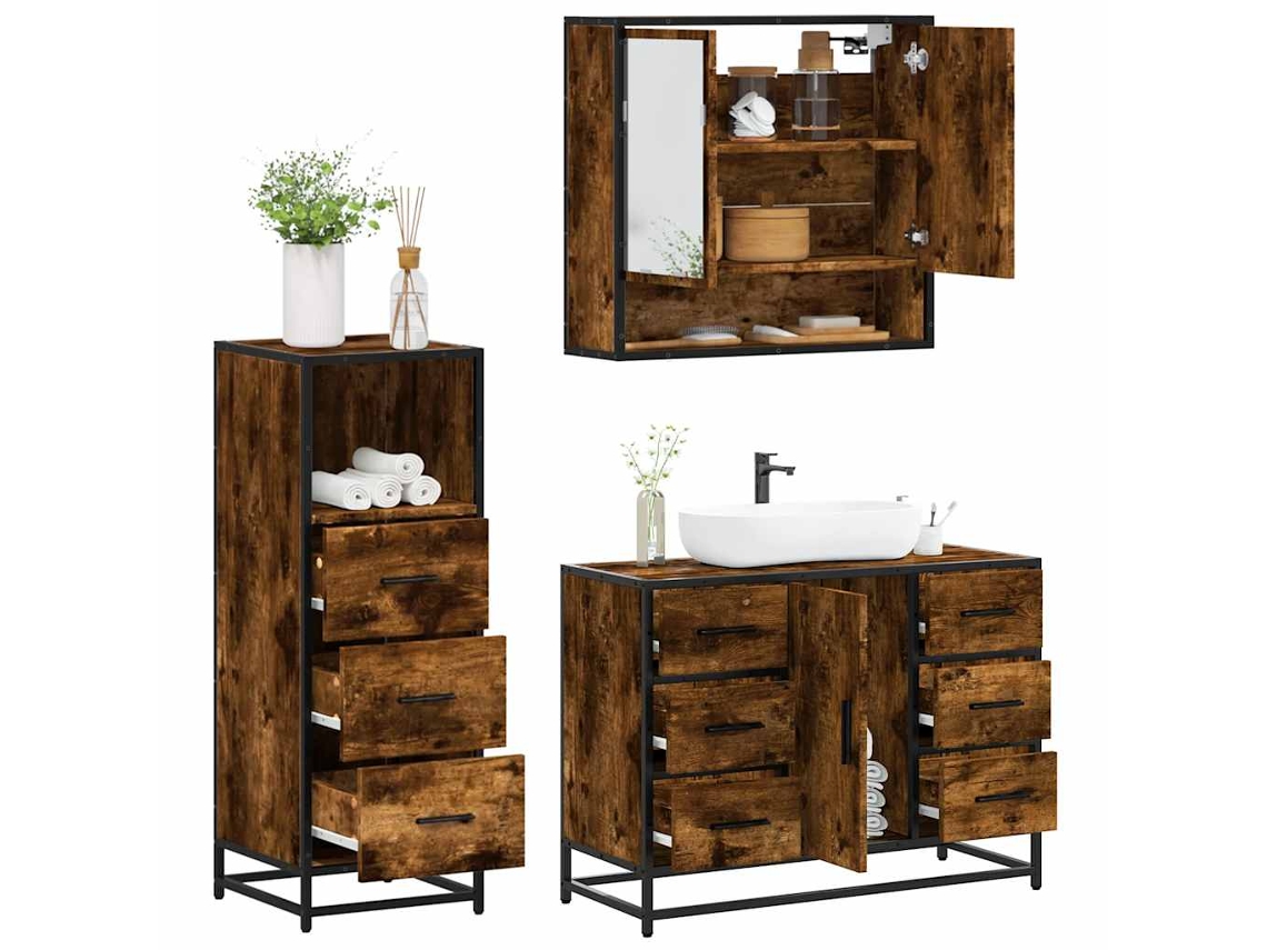 Vidaxl 3 Pcs Conjunto De Móveis Wc Madeira Processada Carvalho Fumado
