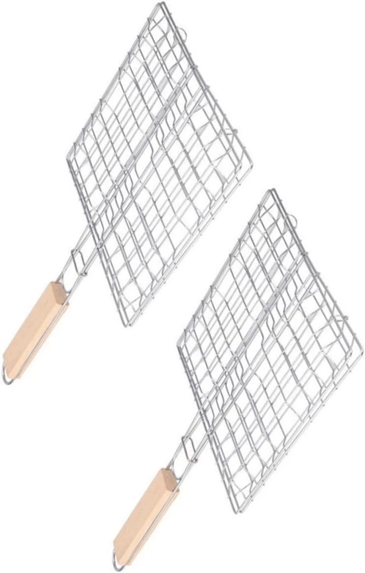 Conjunto De 2 Grelhas Para Churrasco, Em Aço Inoxidável, Com Cabo De Madeira, Retangular