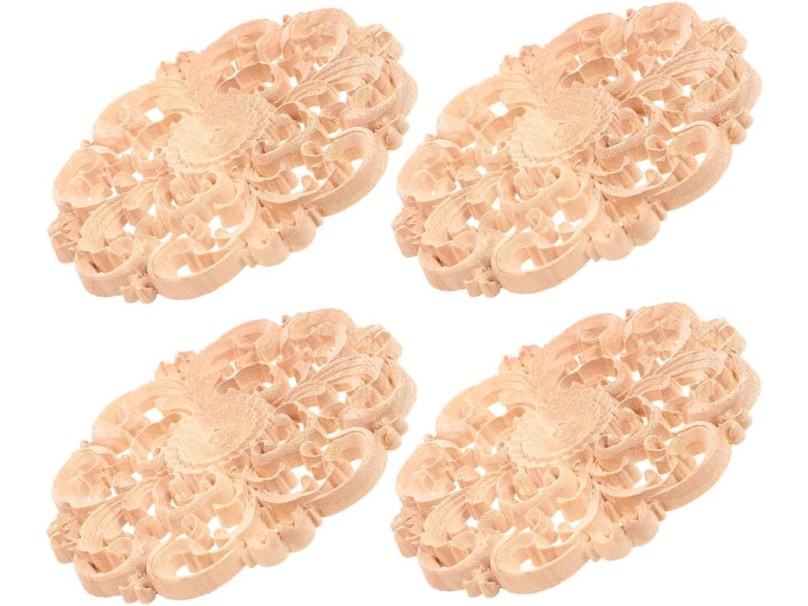 Mikikit Apliques De Madeira Entalhada, 4 Peças, Sem Pintura, Redondos, De 10cm, Decorativos Para Móveis, Portas E Casa