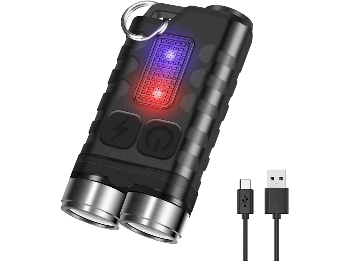 Mini lanterna LED, 900 lúmens, luz UV vermelha e azul, IP65 à prova d'água, recarregável, 10 modos de iluminação, disco rígido