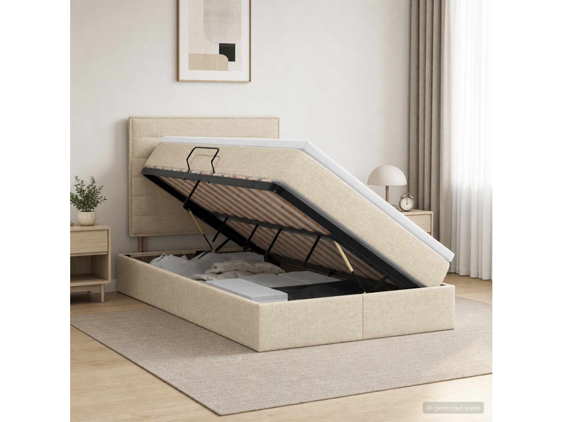 Vidaxl Cama De Armazenamento Led Com Colchão Creme 120 X 200 Cm Tecido