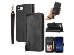 Capa De Couro Com Bolso E Zíper Para Iphone 16e E Alça Transversal - Preta