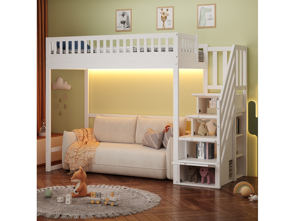 Cama Alta Madeira 90x200 Com Led, Grades Segurança E Design Compacto