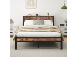 Estrutura Cama Metal 140x200 Cm Com Cabeceira Arrumação, Plataforma Metálica Silenciosa E Estilo Vintage Castanho