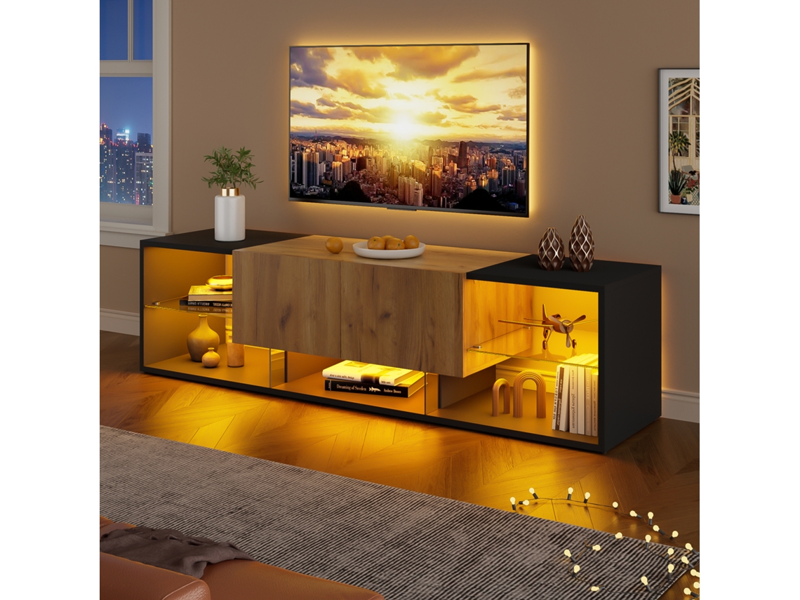 Suporte Para Tv De 3 Níveis, Com Tampo De Vidro E 2 Gavetas, Compatível Com Tvs De Até 70 Polegadas, Na Cor Preta.