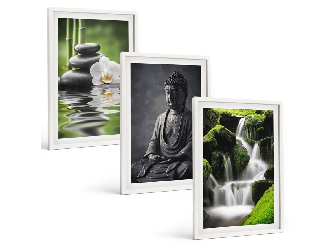 Pinturas Murais Modernas Pinturas Relaxantes De Água Zen Moldura Branca Quadros Para O Escritório Espelharte (3 Piezas De 40x60 Cm)