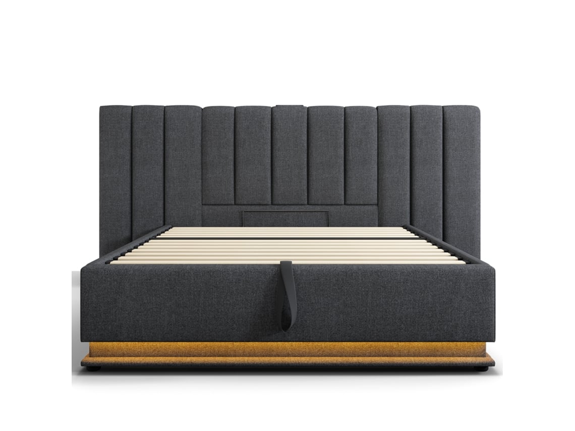 Cama Contentora Estofada Em Linho 160×200cm - Com Led E Carga - Com Estrado - Cinzento