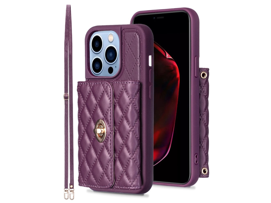 Suporte Casa Para Iphone 15 Pro Pele Sintética Com Porta-cartões Roxo