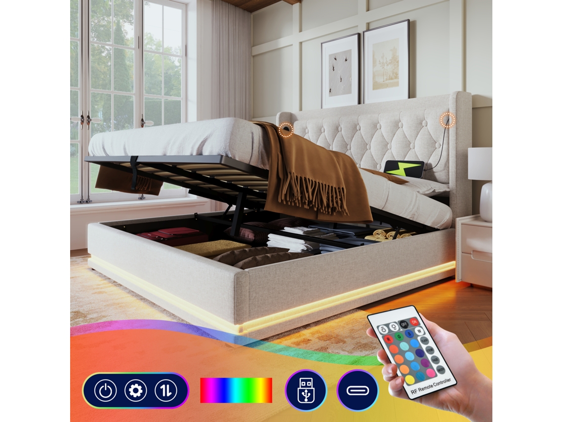 Cama Casal 140x200cm Bege Armazenamento Usb-c Led 3 Lados