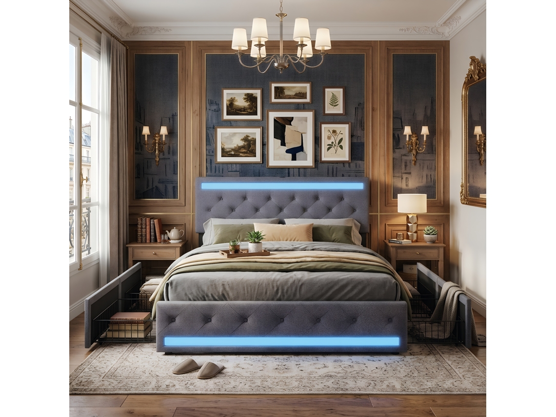 Cama Estofada com Led RGB e Usb LAZYSPACE