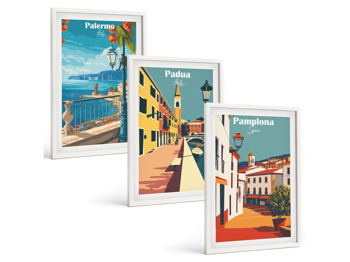Conjunto De Pinturas Ilustrações De Cidades Retrô Espelharte (3 Peças 40x60 Cm)