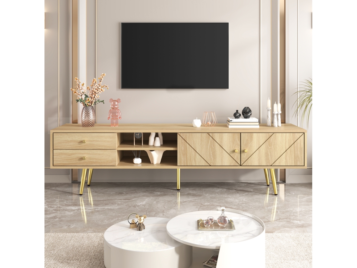 Móvel para TV KOMHTOM, 160x36x42 cm, Pés dourados, 2 gavetas, portas ranhuradas, nichos abertos, para TV 60 a 75 polegadas, madeira