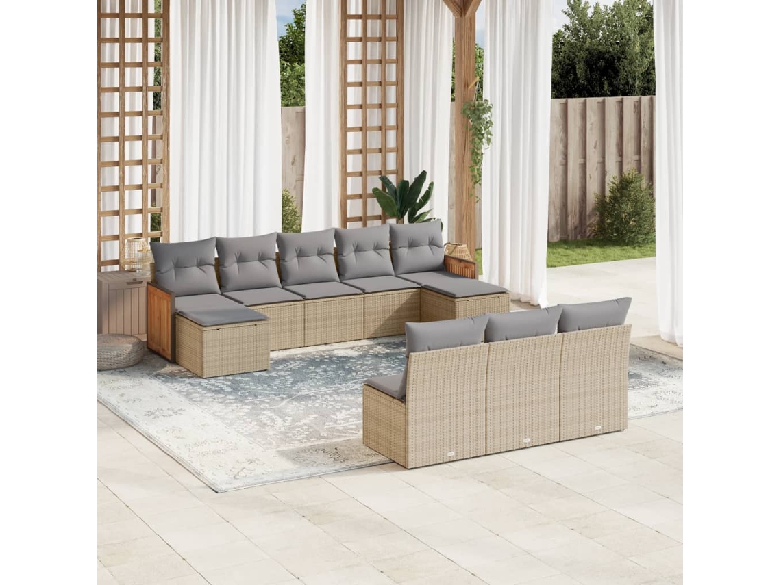 Vidaxl 10 Pcs Conjunto De Sofás P/ Jardim Com Almofadões Vime Pe Bege