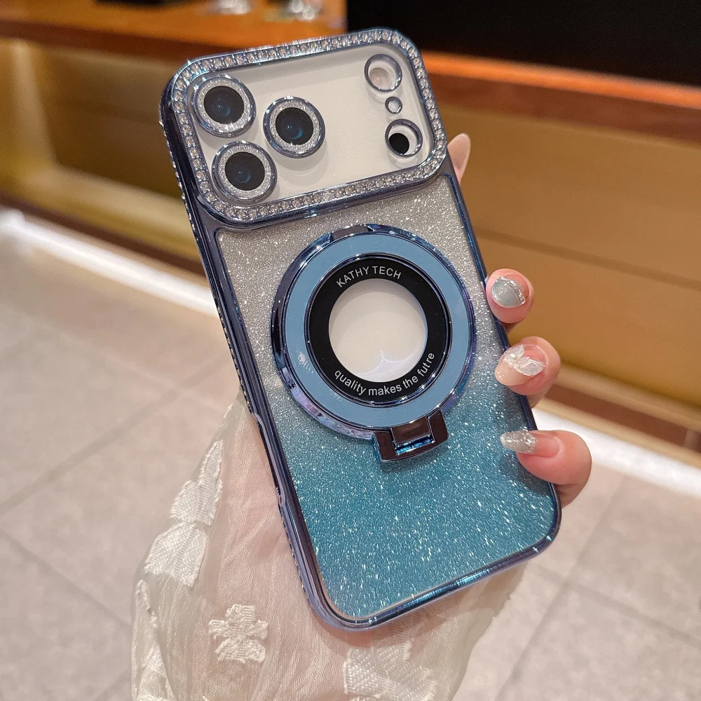 (azul, Iphone 13 Pro) Capa De Celular De Alta Qualidade Com Strass Brilhantes E Suporte Magnético Para Carregamento Sem Fio.