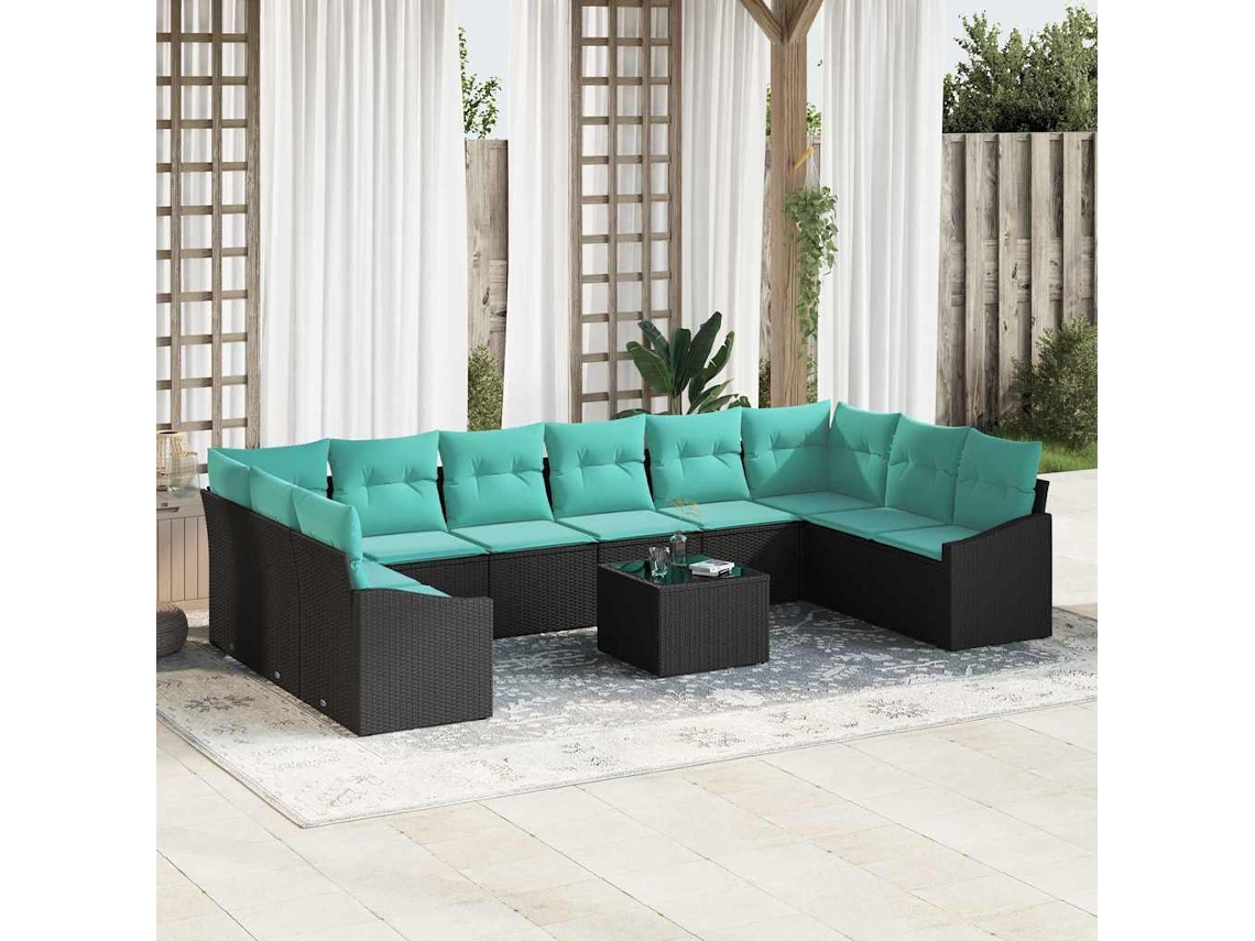 Vidaxl Conjunto de Sofás com Almofada 11 Pcs Preto Vime Pe