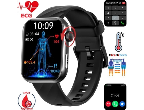 Relógio Inteligente Ecg Ppg Monitor de Freqüência Cardíaca Termômetro de Glicose no Sangue 1.96 Polegada Tela Ips Fecho de Gancho XTRADITECH