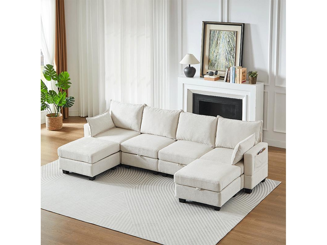 Sofá De Canto Modular Em U De Chenille Com Pufe Com Arrumação, Sofá De 6 Lugares Com Chaise Longue Para Sala