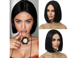 Peruca Preta Estilo Bob, Peruca Curta e Lisa com Risca Ao Meio, Peruca Preta Sintética para Mulheres e Meninas. TAISHENGDA