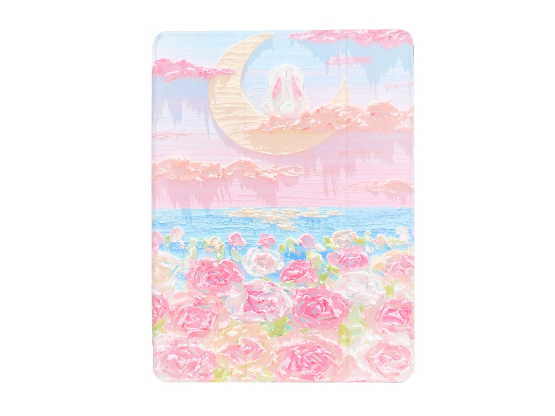 Capa De Silicone Protetora Para Ipad Com Porta Lápis, Design Mar De Flores À Luz Da Lua.