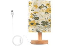Abajur De Cabeceira Led Amarelo Com Estampa Floral, Para Quarto, Com Cúpula De Tecido, Base De Madeira E Porta Usb