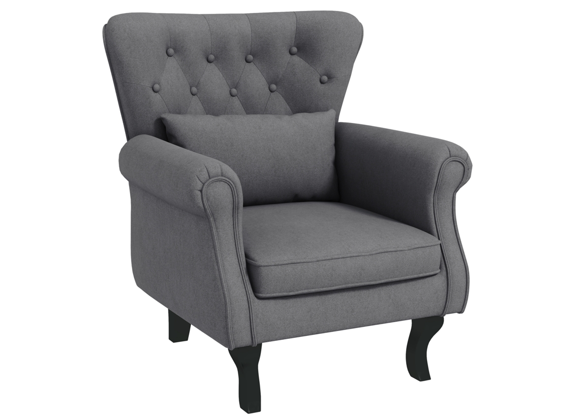 Poltrona Vintage Escuro De Sala Estar Em Tecido Com Almofada Lombar E Acolchoamento. Cinza