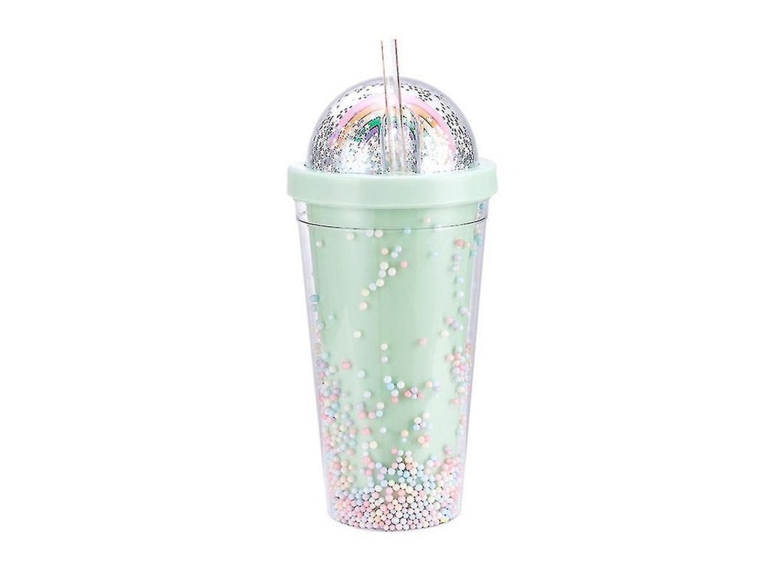 Garrafa De Água Plástica Rainbow Com Camadas Duas De Lantejoulas E Canudo 550ml Presente Para Mulheres E Meninas Verde
