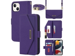 Capa De Couro Com Cordão E Textura Cruzada Para Iphone 14 Plus, Roxa