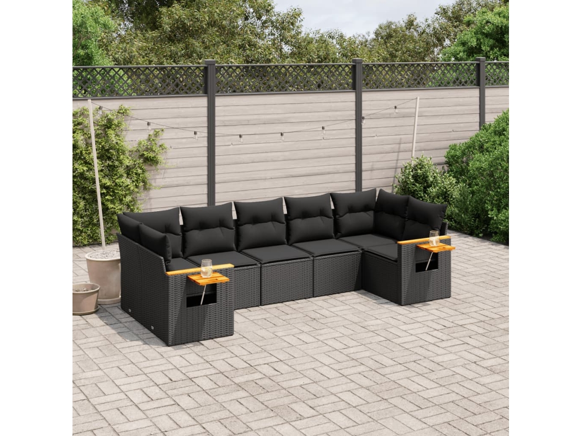 Jogo de Sofá 7 Peças P/ Jardim C/ Almofadões Vime Pe Preto Dkd Home Decor