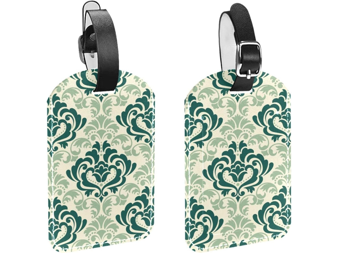 Conjunto De 2 Etiquetas Bagagem Estampa Damasco Elegante Couro Sintético Proteção Privacidade Verde