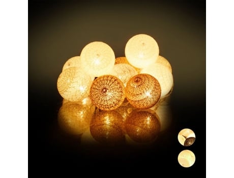 Cordão de Luzes LED, 10 Bolas de Algodão, Alimentado por Pilhas, Luzes de Ambiente, Esferas Ø6 cm, Castanho-Acinzentado Branco Relaxdays