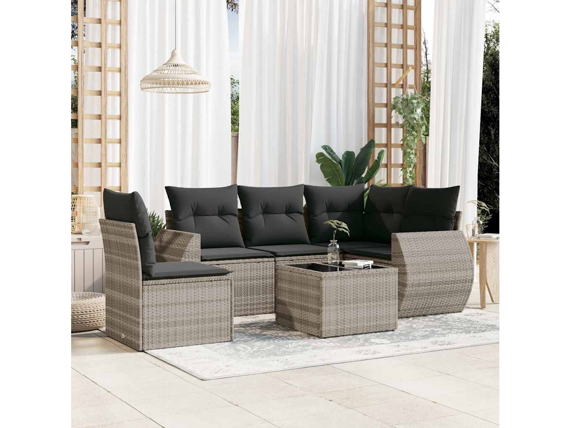 Vidaxl 6 Pcs Conj. Sofás Jardim Com Almofadões Vime Pe Cinzento-claro