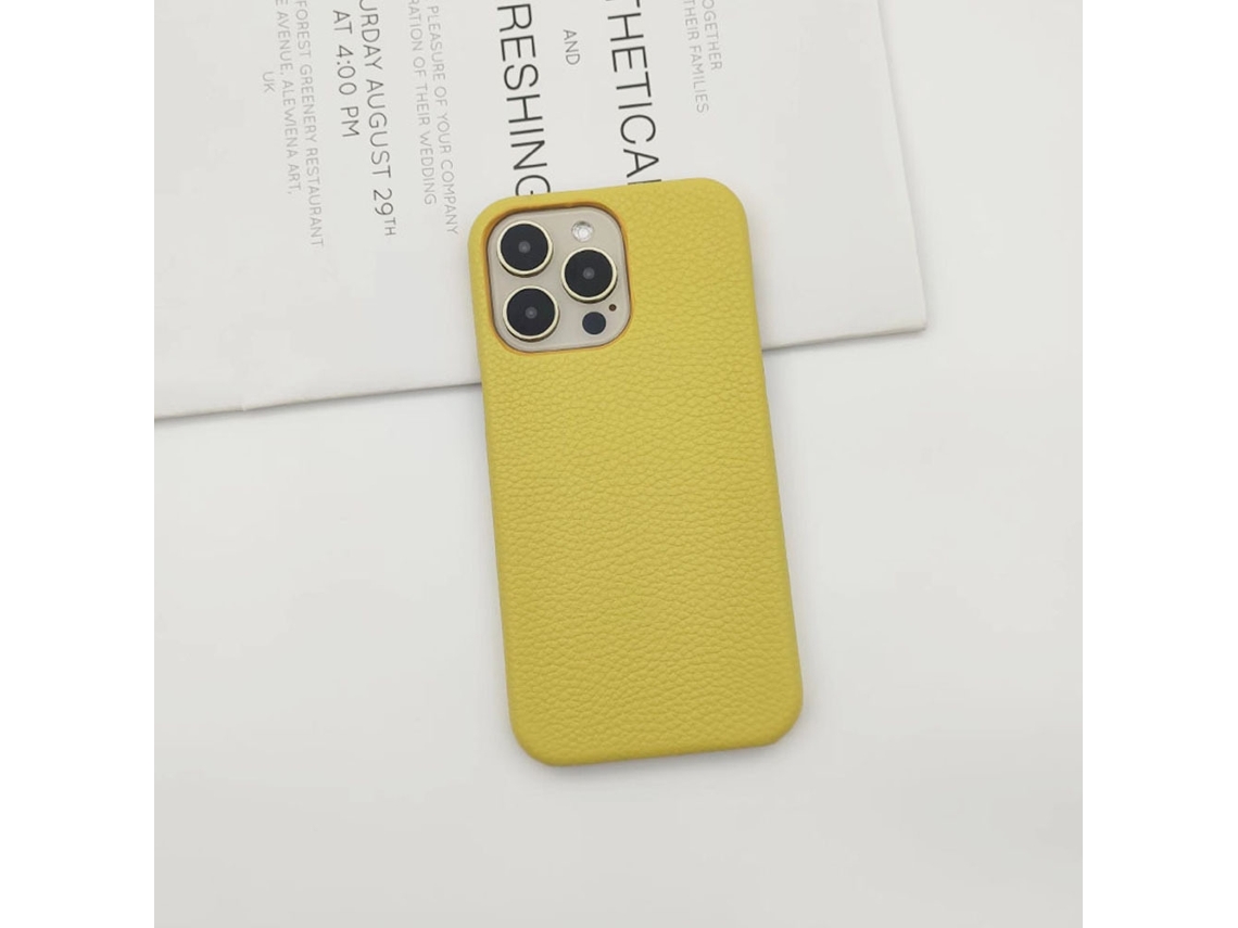 Capa Para Iphone 17 Em Couro Sólido Amarelo Com Textura Semitransparente