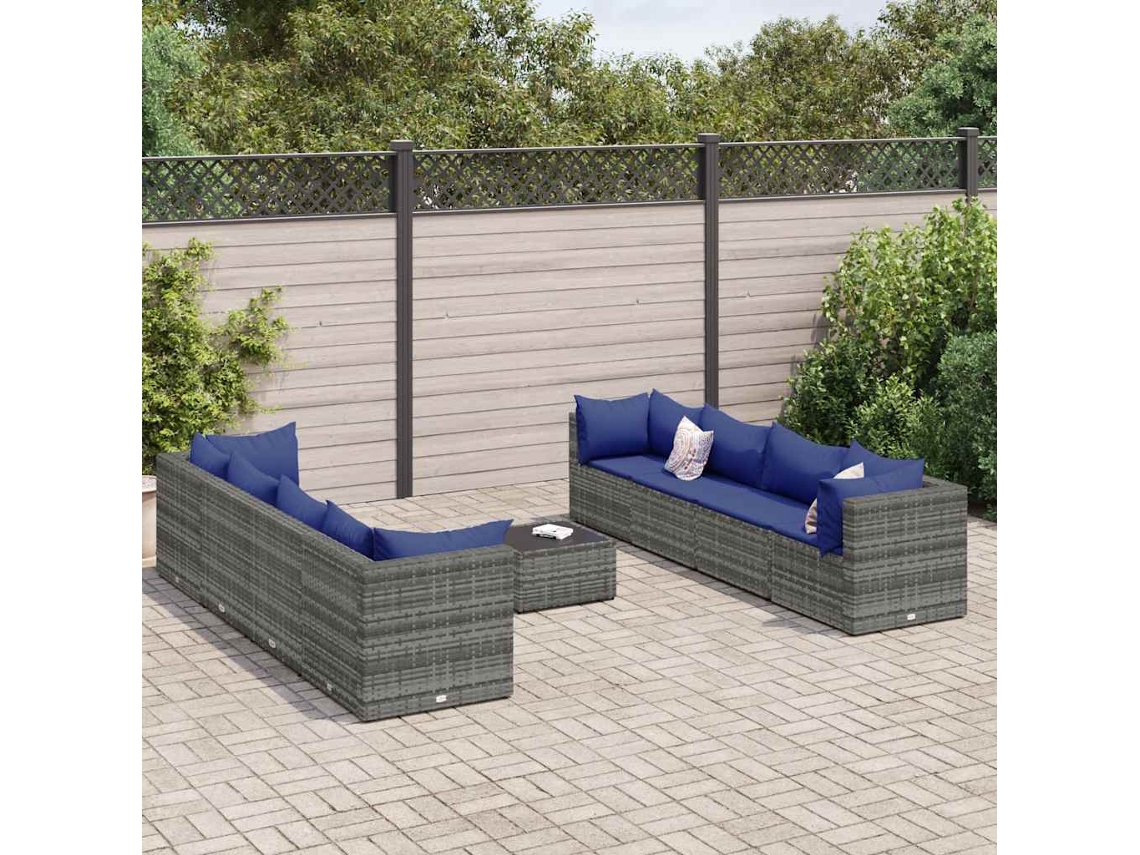 Vidaxl 9 Pcs Conjunto Lounge De Jardim C/ Almofadões Vime Pe Cinzento