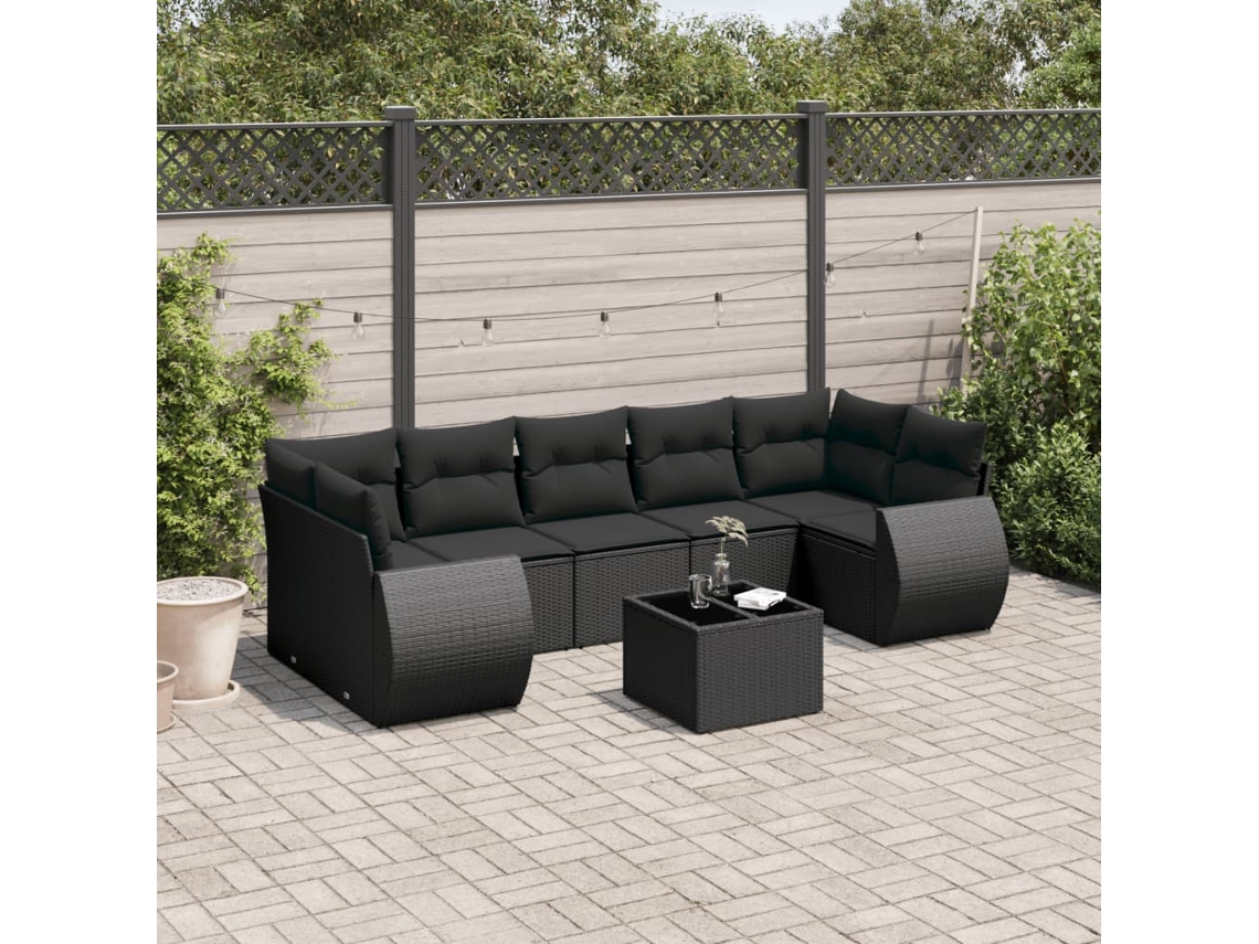Vidaxl 8 Pcs Conjunto Sofás De Jardim Com Almofadões Vime Pe Preto