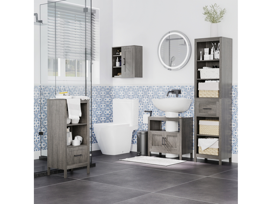 Pensile Bagno Con 3 Ripiani Aperti E Armadietto In Legno Truciolare, 48x20x50cm, Grigio