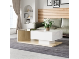 Mesa de centro ELEGANT em branco brilhante com detalhes em madeira e iluminação LED (não aplicável)