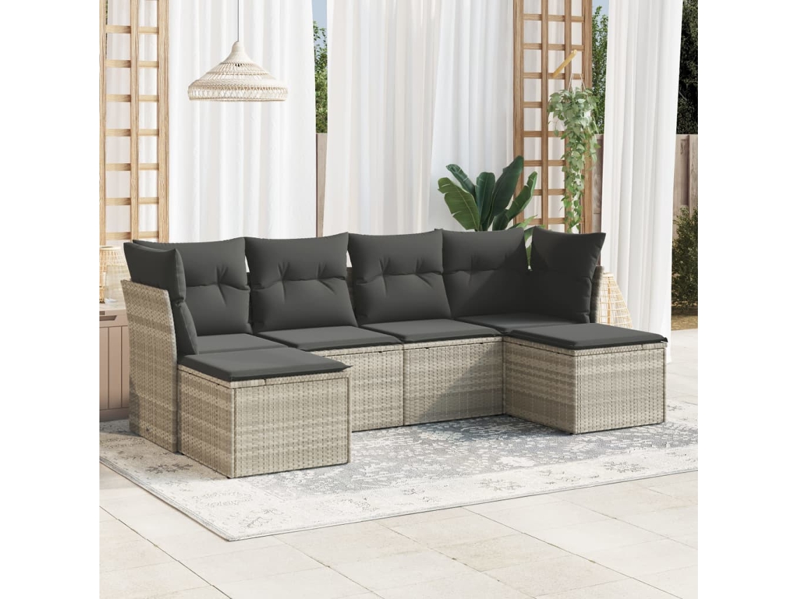 Vidaxl 6 Pcs Conj. Sofás Jardim Com Almofadões Vime Pe Cinzento-claro
