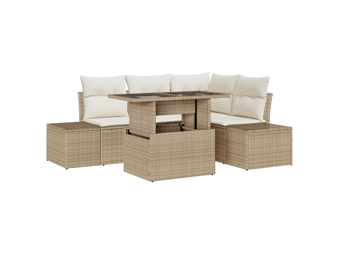 Conjunto 5 Conjunto De Sofá De Jardim Vidaxl Bege Vime Pe (209 X 154 X 85 Cm)
